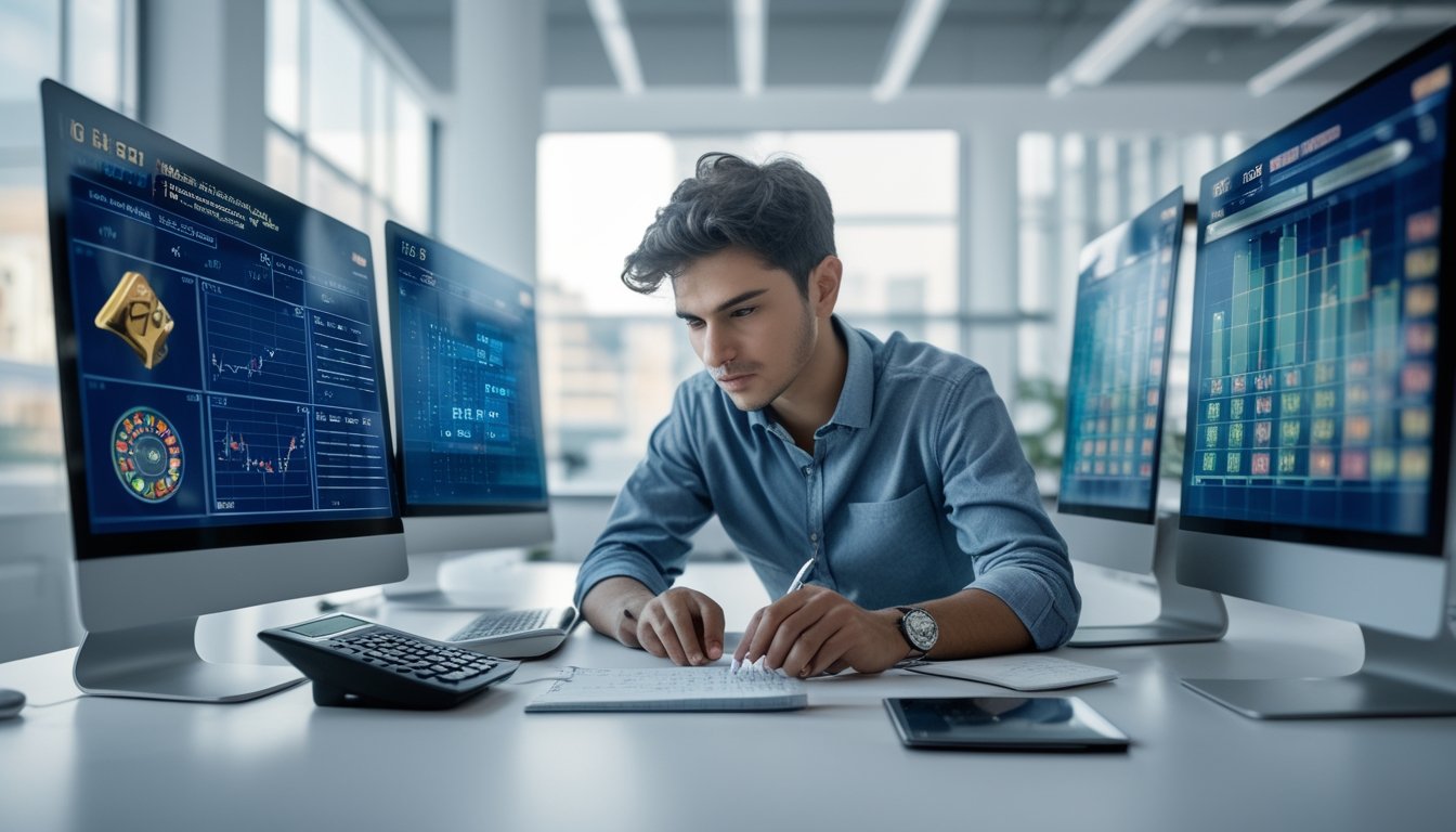 Seorang individu sedang menganalisis data dan grafik di depan beberapa layar komputer di kantor modern.