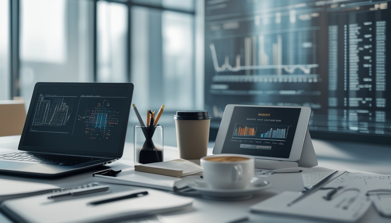 Meja kerja modern dengan perangkat digital menampilkan grafik dan data statistik, serta alat tulis dan kopi, menunjukkan suasana analisis dan prediksi yang fokus.