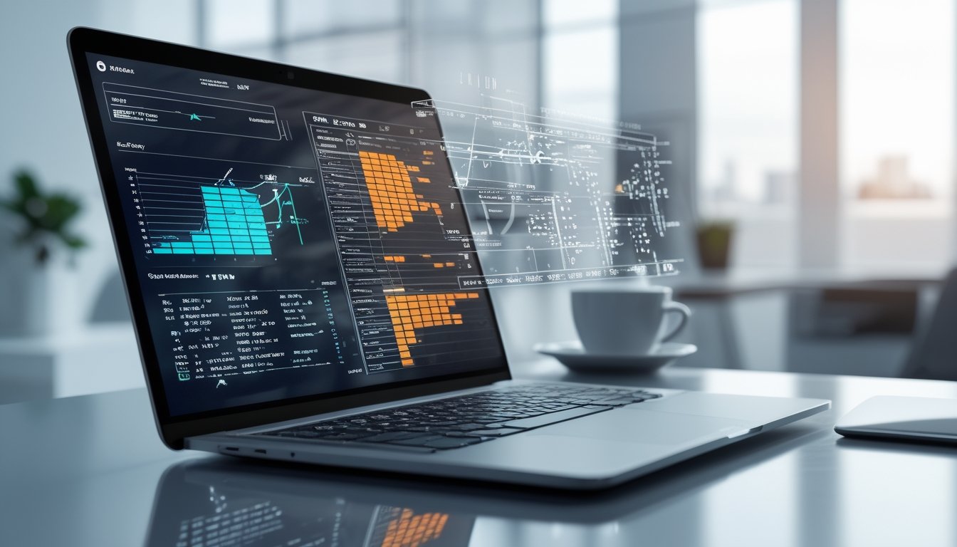 Sebuah ruang kerja modern dengan laptop yang menampilkan data grafik dan statistik lotere, di meja terdapat cangkir kopi, latar belakang kantor terang dan rapi.