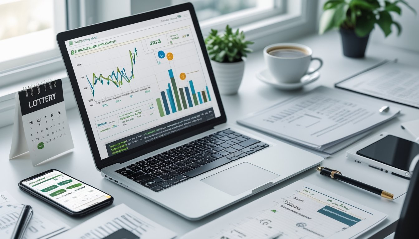 Meja kerja modern dengan laptop menampilkan grafik prediksi togel, dokumen tertata rapi, dan ponsel dengan aplikasi prediksi.