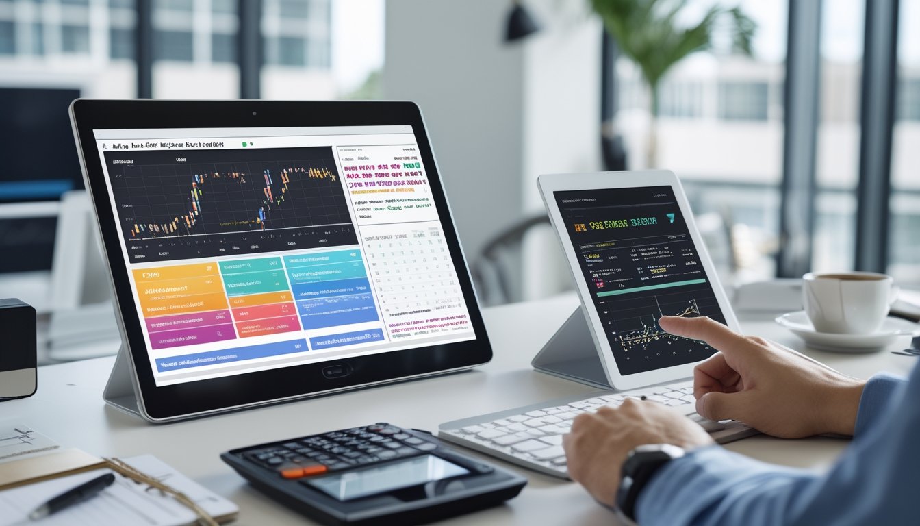 Meja kerja modern dengan perangkat digital yang menampilkan grafik dan data angka, tangan seseorang sedang menganalisis informasi di layar sentuh di kantor yang terang dan rapi.