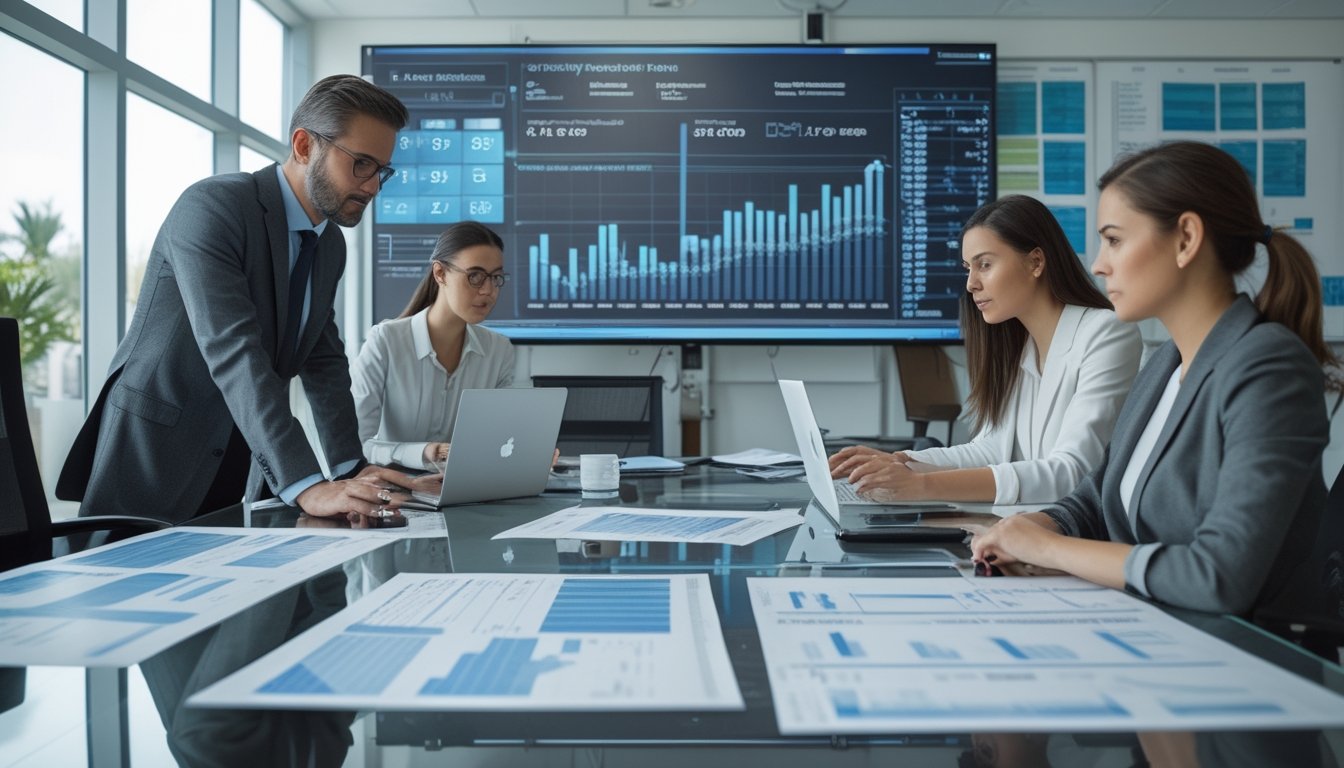 Beberapa profesional sedang bekerja bersama di kantor modern dengan grafik dan data statistik di layar besar, fokus pada analisis analisis angka.