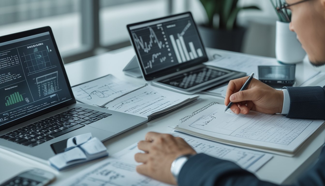 Meja kerja modern dengan perangkat digital dan dokumen yang menunjukkan aktivitas analisis data dan prediksi.
