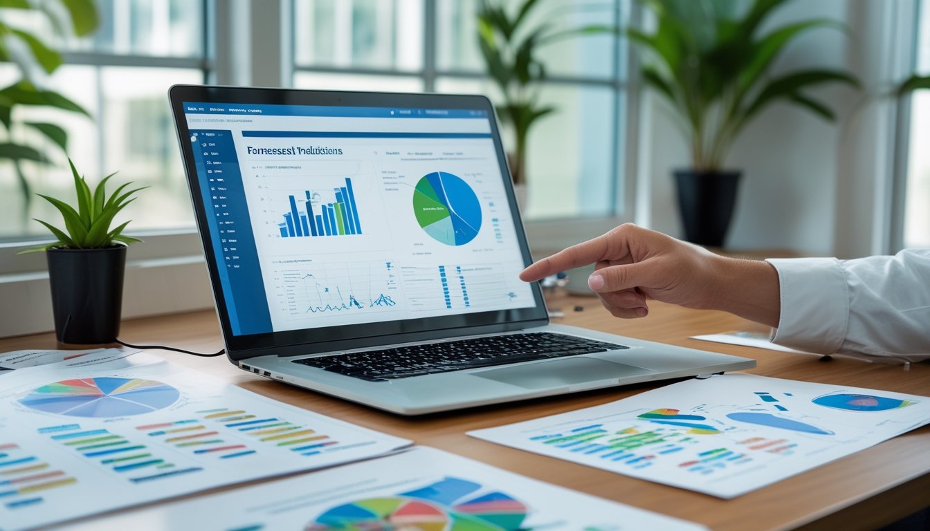 Meja kerja dengan laptop dan lembar data berisi grafik dan tabel, tangan seseorang sedang menunjuk data, di ruang kantor terang dengan tanaman hijau.