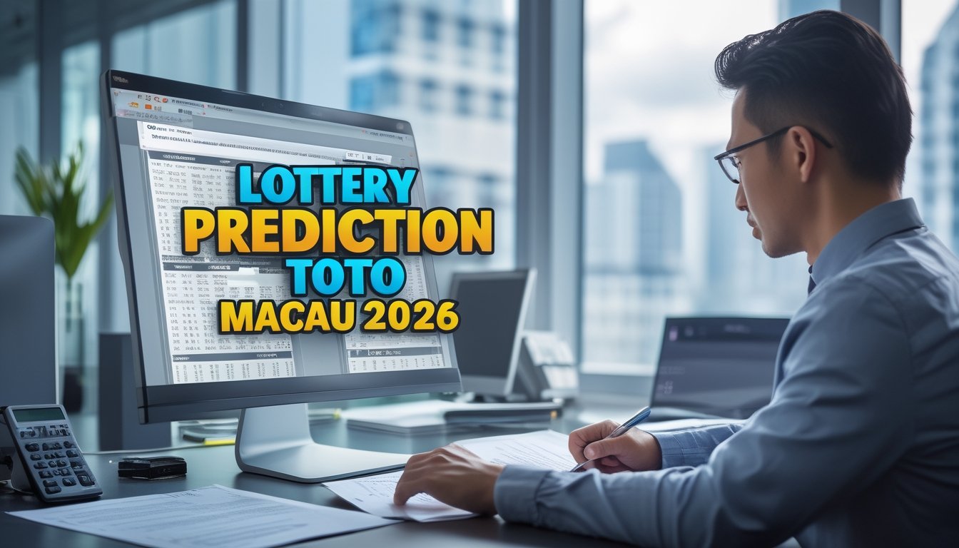 Seorang profesional sedang menganalisis data togel di kantor dengan laptop dan alat tulis di meja.