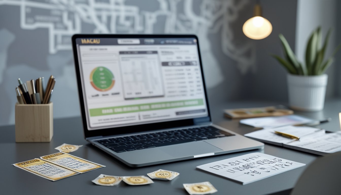 Meja kerja dengan laptop, tiket togel, dan catatan angka di latar belakang peta Macau.