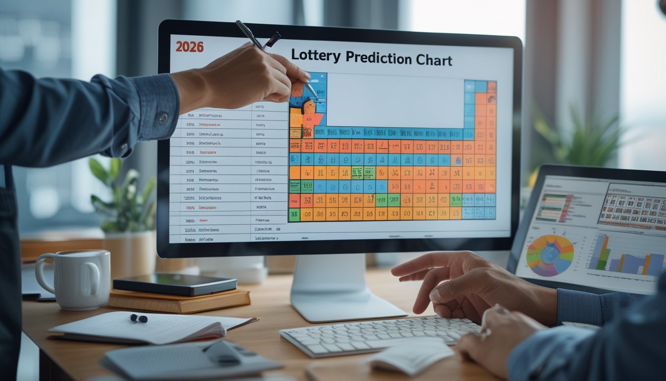 Seseorang sedang menganalisis tabel prediksi angka togel tahun 2026 di depan komputer di ruang kerja.