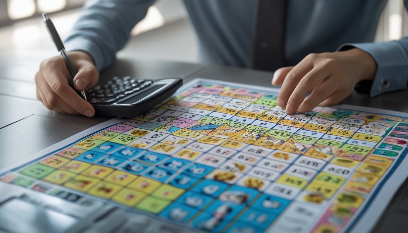 Seseorang sedang menganalisis tabel prediksi angka togel dengan simbol shio dan angka di atas meja kerja.
