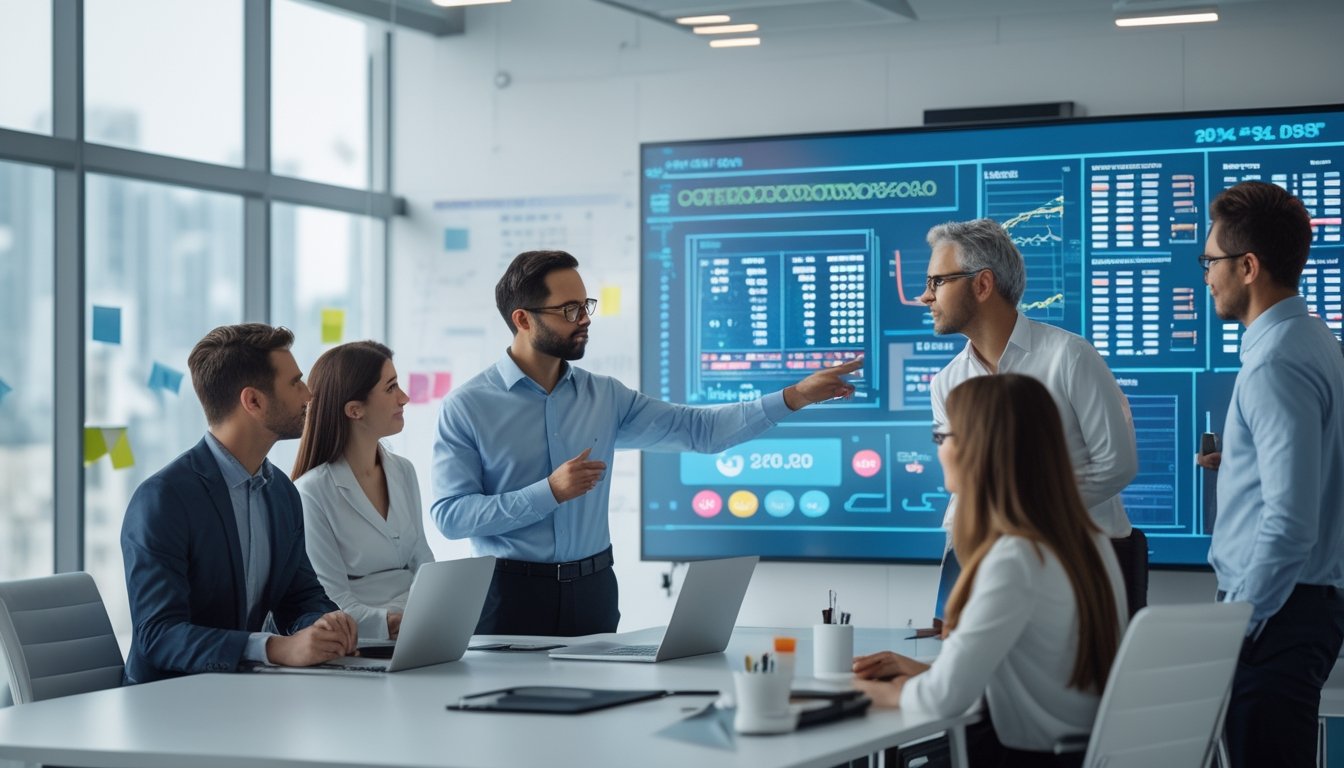 Sekelompok profesional sedang berdiskusi di ruang kantor dengan layar digital yang menampilkan grafik dan data keuangan.