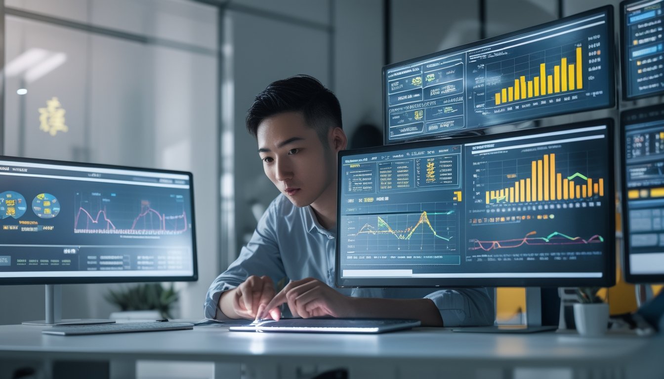 Seorang profesional sedang menganalisis data pada layar komputer yang menampilkan grafik dan angka terkait pengeluaran togel China.