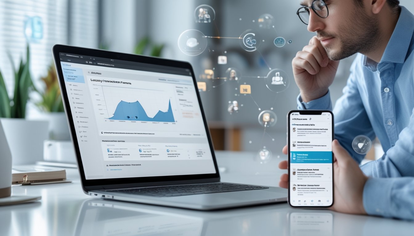 Seorang pria duduk di depan laptop dan smartphone, menganalisis data dan diskusi forum prediksi togel online dengan latar belakang teknologi modern.