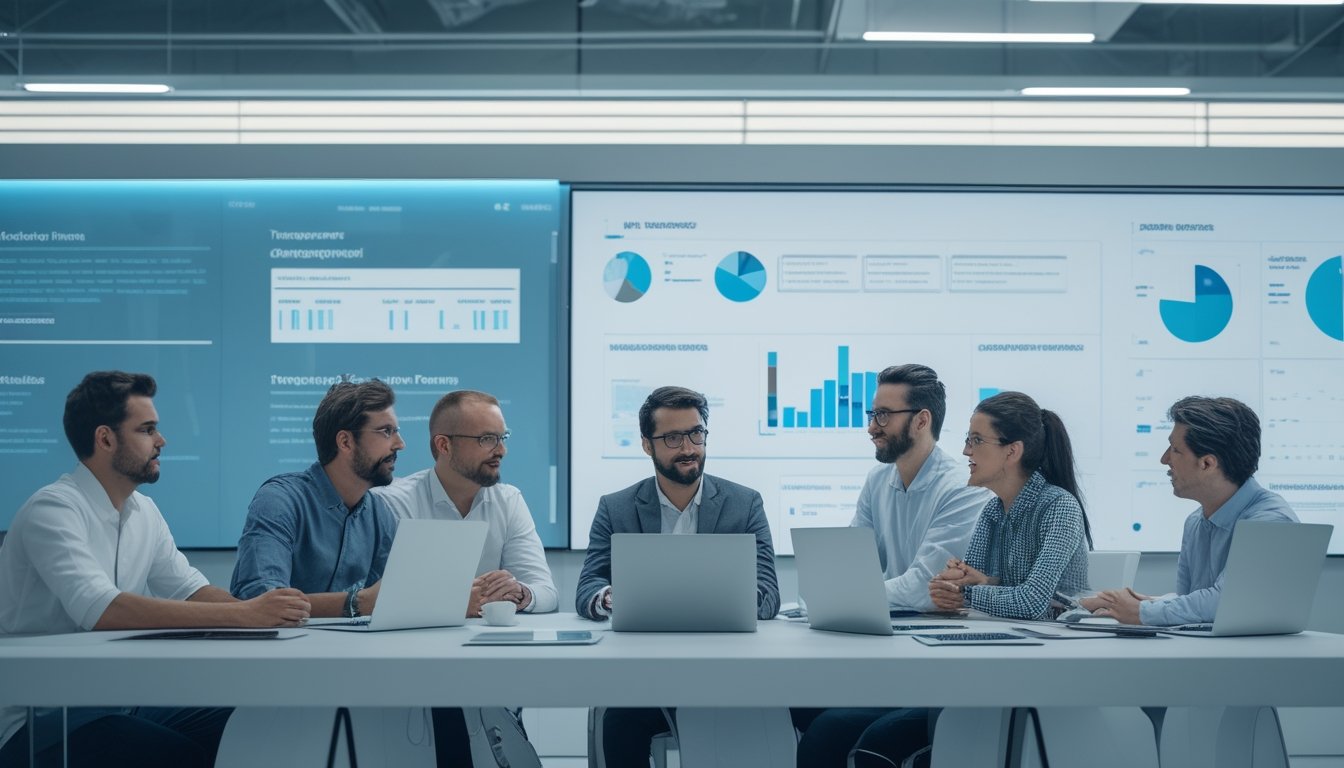 Sekelompok orang sedang berdiskusi di kantor modern dengan layar digital menampilkan grafik dan data terkait forum prediksi online.