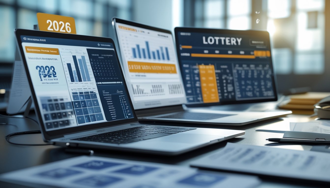 Meja kerja modern dengan laptop, tablet, kertas berisi data angka togel, dan kalender tahun 2026 di latar belakang.