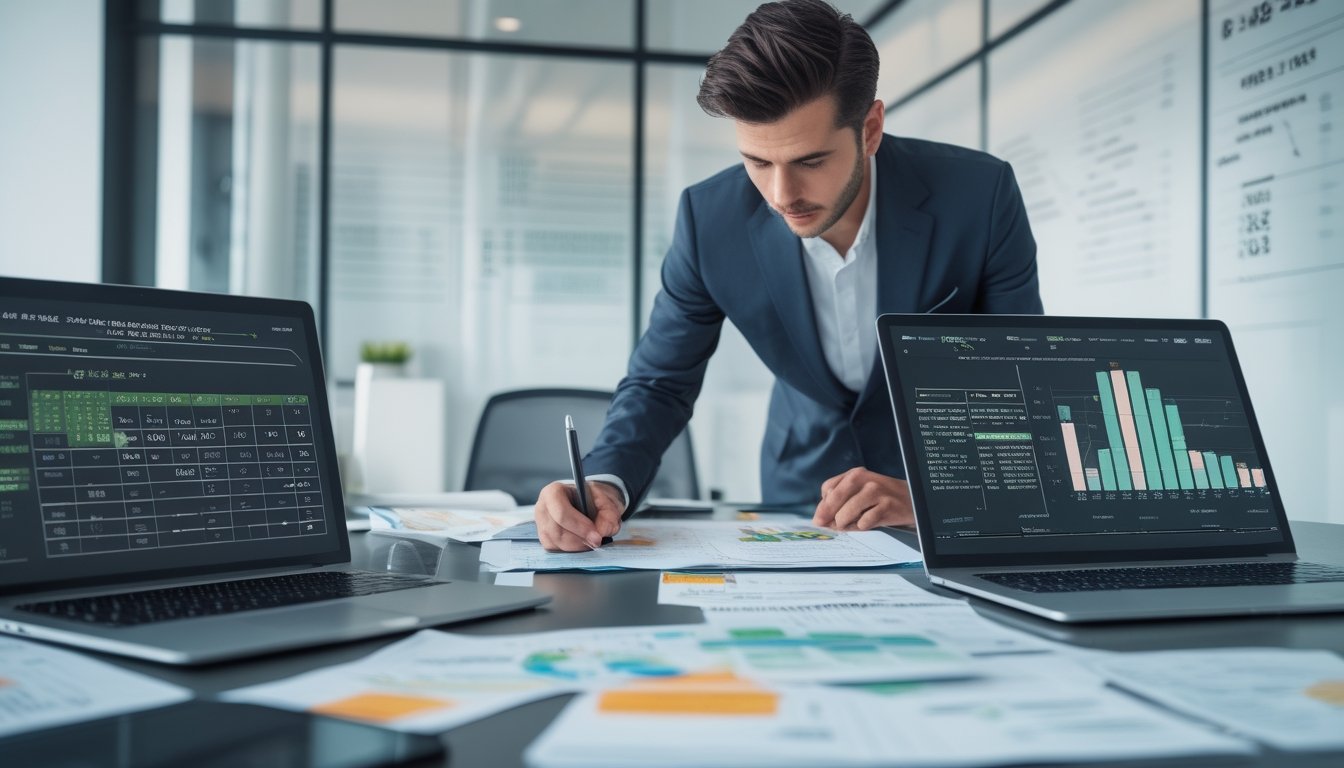 Seorang profesional sedang menganalisis data angka togel di meja kerja dengan perangkat digital dan catatan di kantor yang terang.