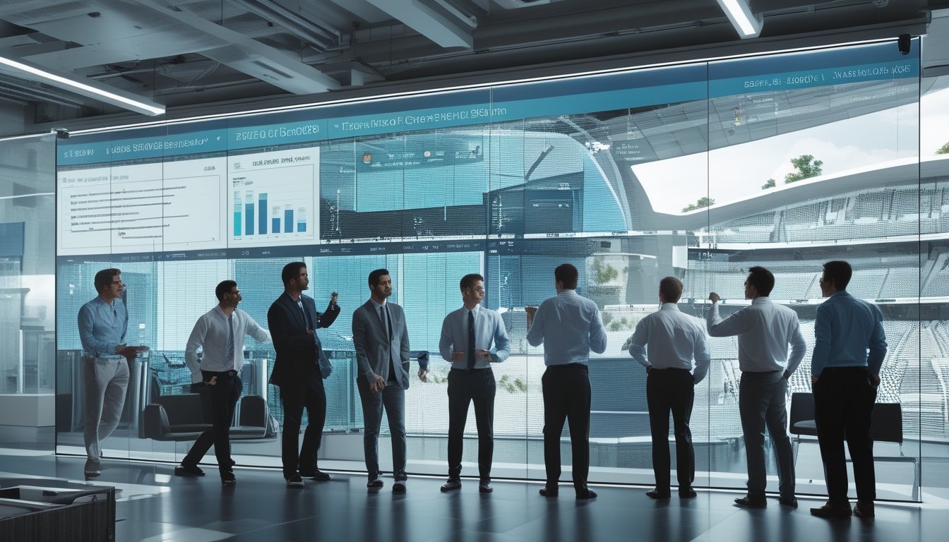 Sekelompok analis data sedang berdiskusi di kantor dengan layar digital besar menampilkan grafik dan statistik tenis, dengan latar belakang elemen tenis seperti raket dan bola.