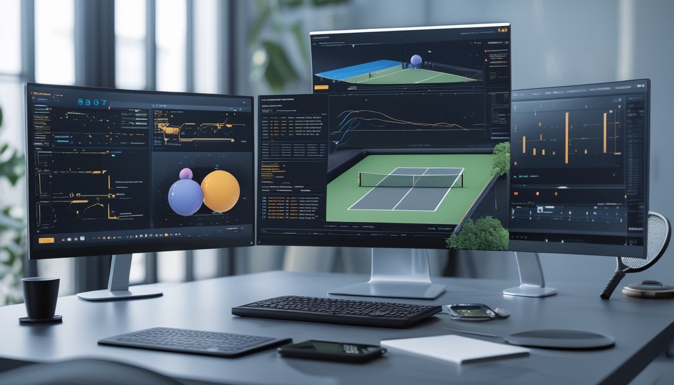 Sebuah ruang kerja modern dengan beberapa monitor yang menampilkan data dan grafik analisis pertandingan tenis menggunakan teknologi AI.