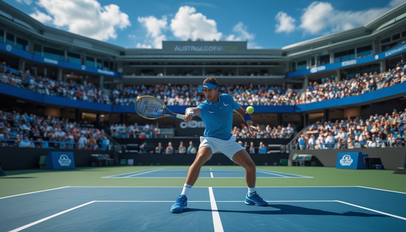 Seorang pemain tenis sedang memukul bola di lapangan hardcourt dengan penonton di tribun stadion di latar belakang.
