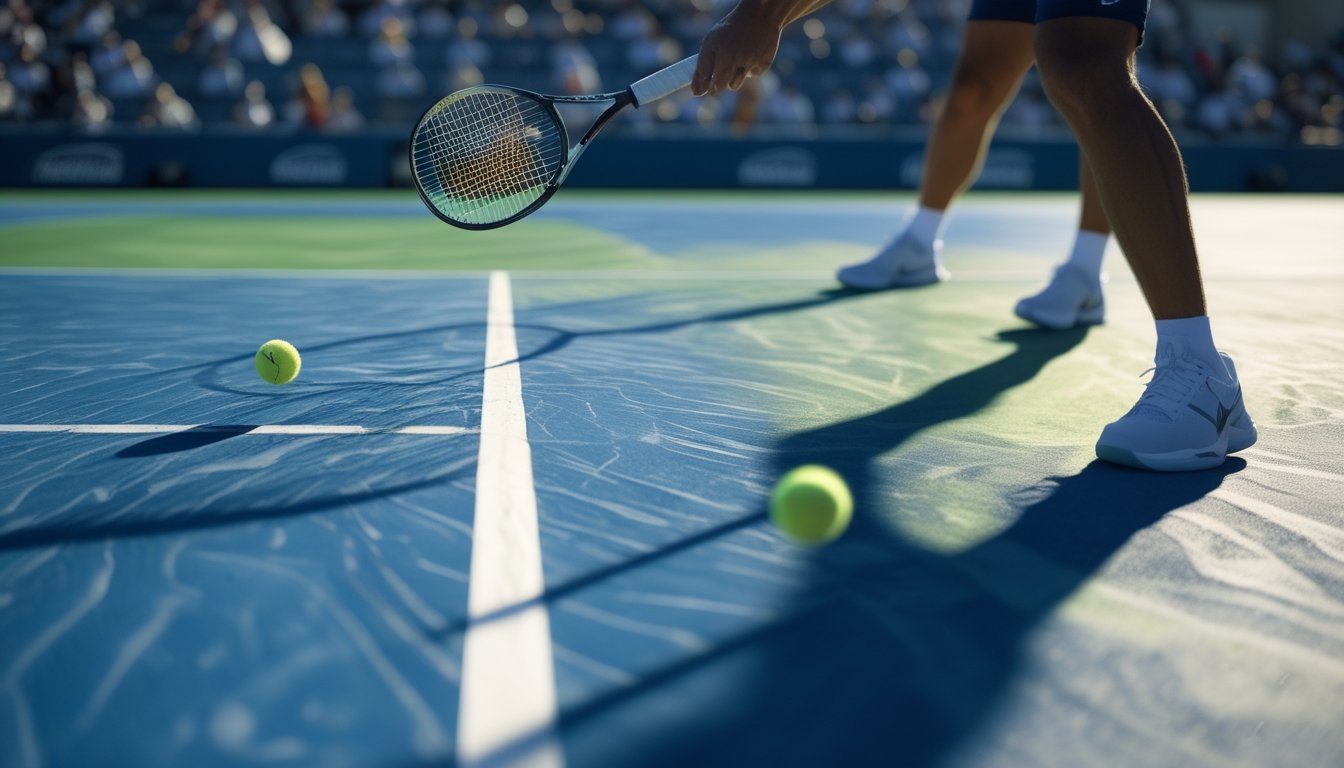 Lapangan tenis hardcourt dengan bola tenis yang sedang memantul dan raket siap memukul, latar belakang tribun penonton terlihat samar.