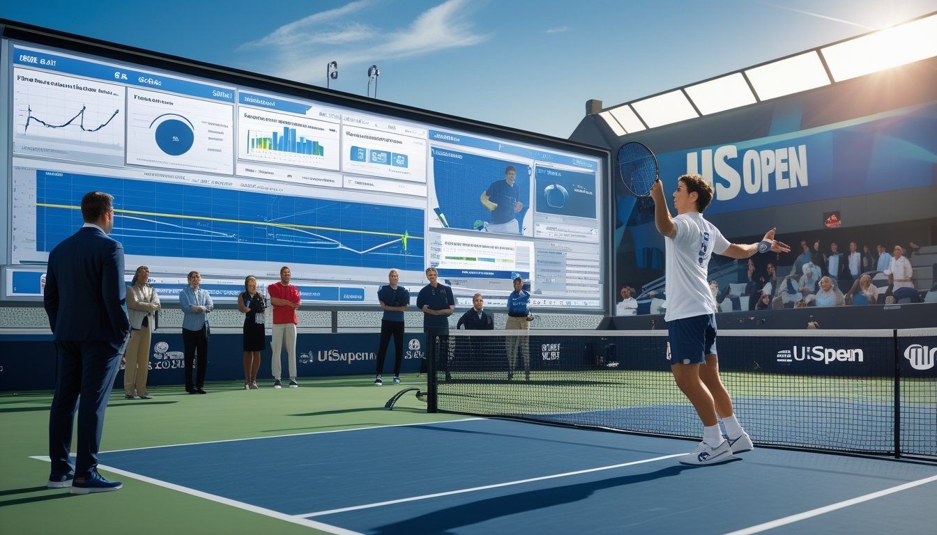 Seorang pemain tenis sedang melakukan servis di lapangan besar dengan layar digital menampilkan data statistik di latar depan dan penonton di tribun.