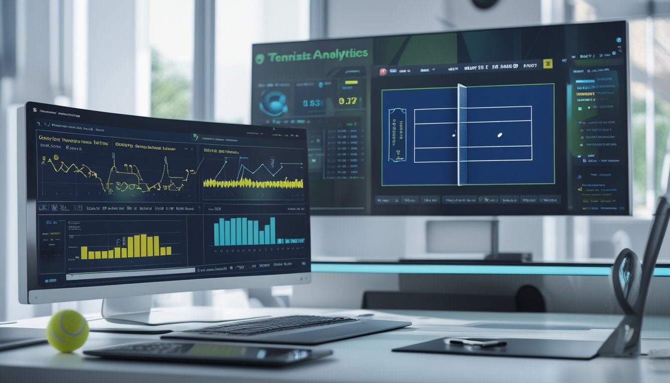 Sebuah ruang kerja modern dengan komputer menampilkan grafik dan data statistik tenis, serta layar besar dengan tata letak lapangan tenis dan statistik pemain.