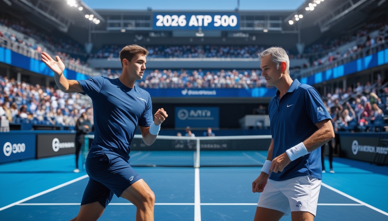 Dua pemain tenis pria, satu muda dan satu veteran, sedang bermain di lapangan tenis dengan penonton di latar belakang.