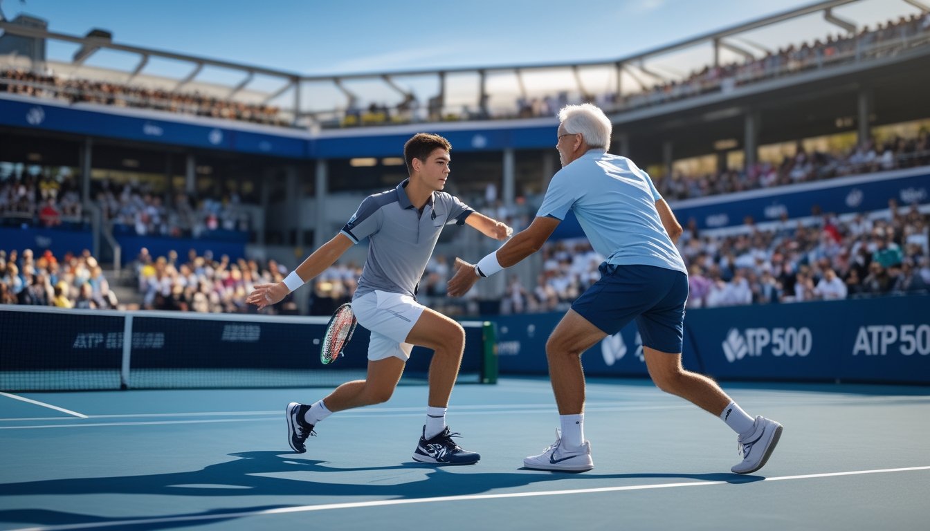 Dua pemain tenis pria, satu muda dan satu veteran, sedang bertanding di lapangan tenis outdoor dengan penonton di tribun stadion.