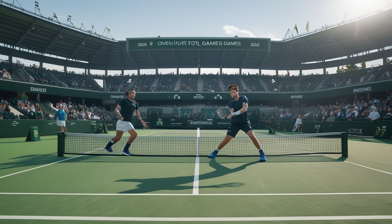 Dua pemain tenis sedang bertanding di lapangan dengan penonton banyak di stadion saat pertandingan Grand Slam.