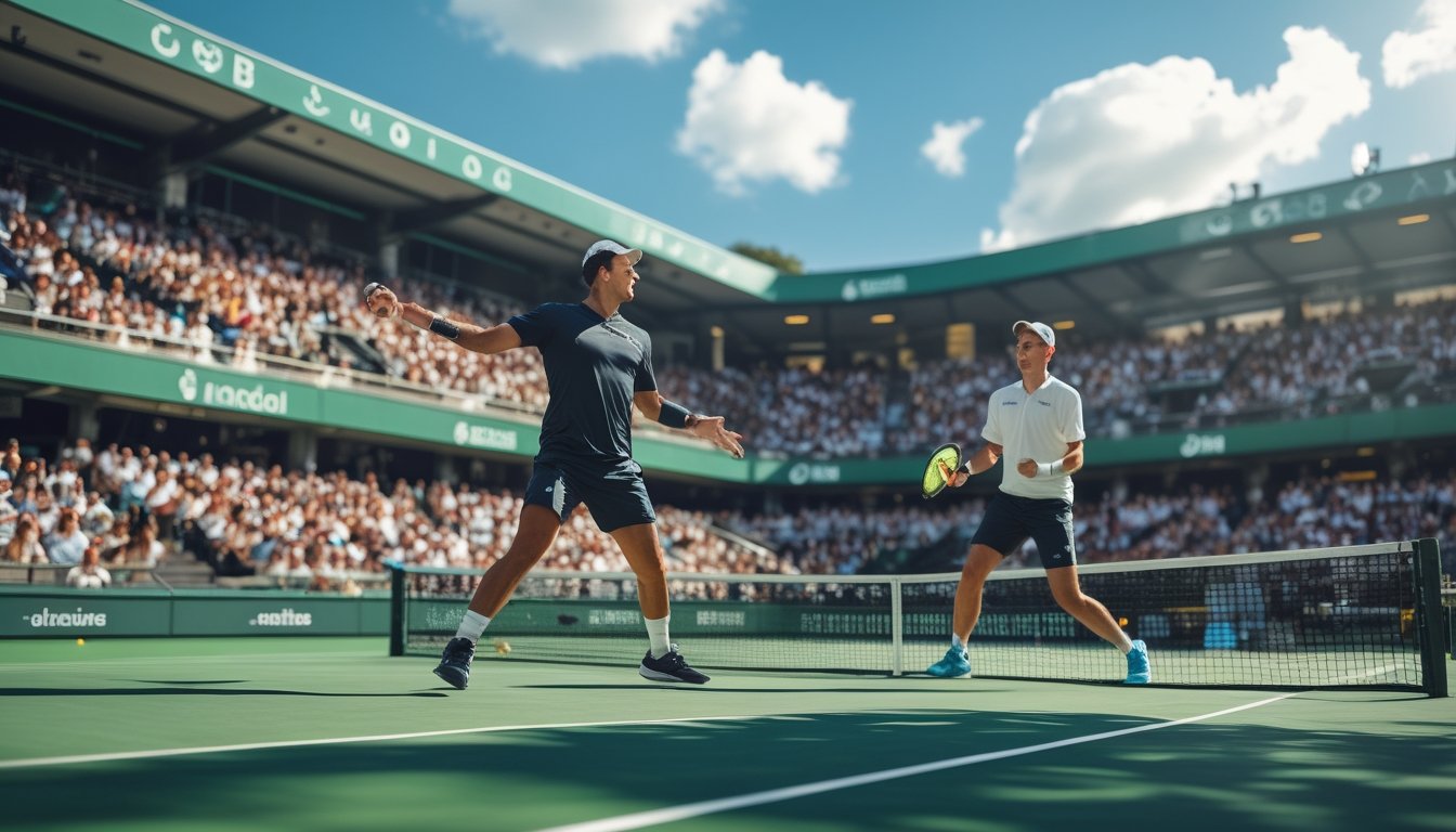 Dua pemain tenis sedang bertanding di lapangan tenis dengan penonton banyak di tribun stadion.