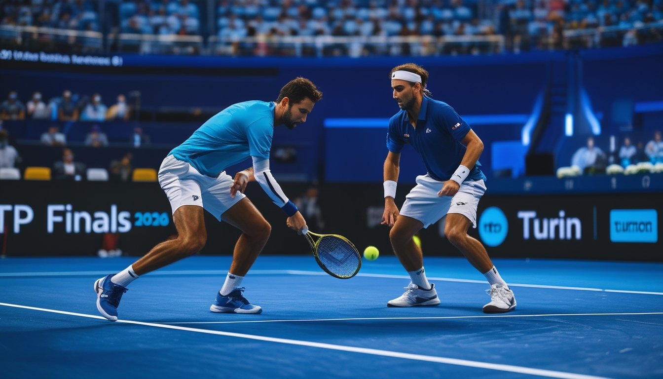 Dua pemain tenis pria top dunia sedang bertanding di lapangan dalam turnamen ATP Finals 2026 di Turin dengan penonton di latar belakang.