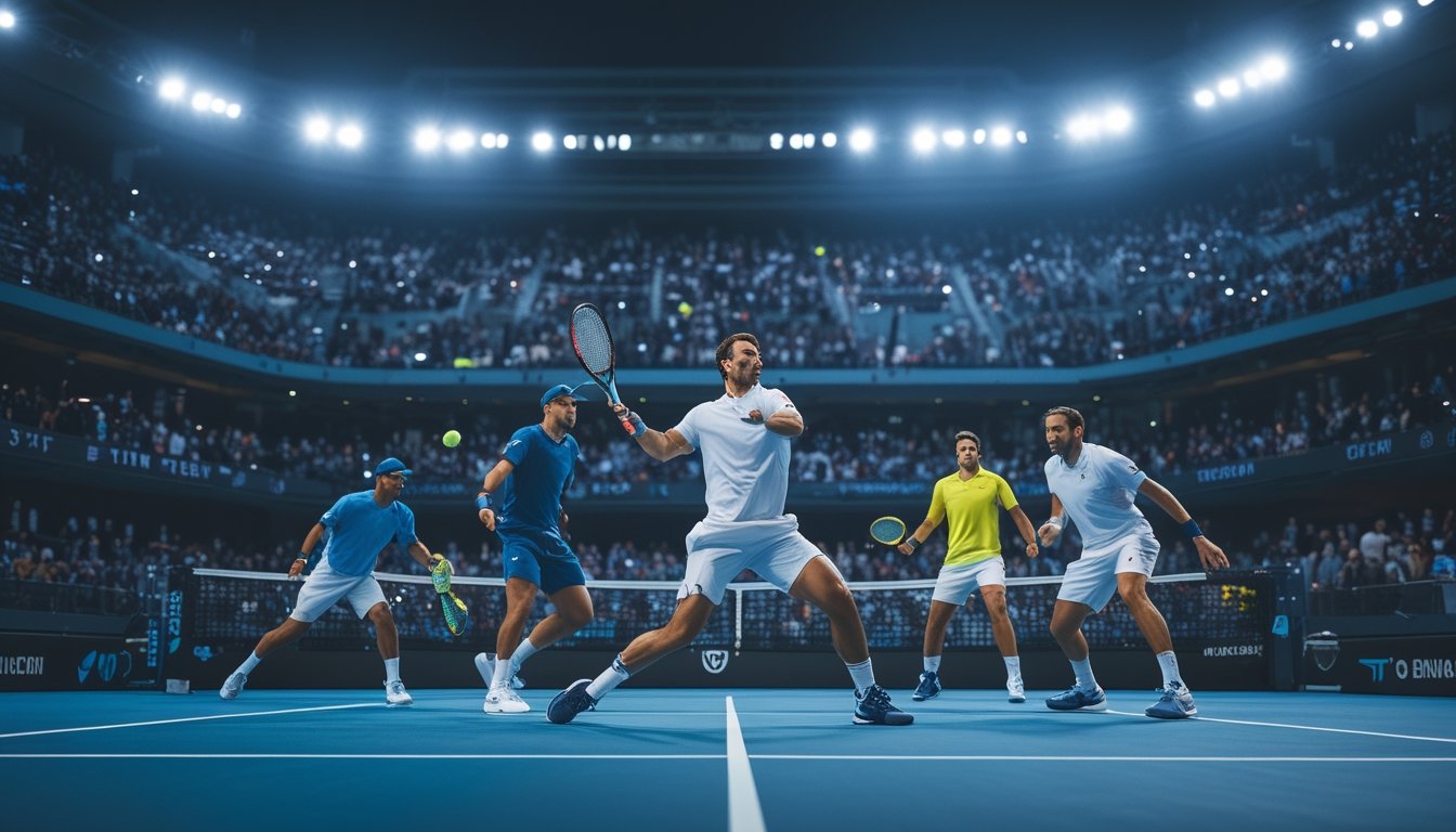 Pemain tenis profesional sedang bertanding di lapangan dalam turnamen ATP Finals di Turin dengan penonton di tribun.