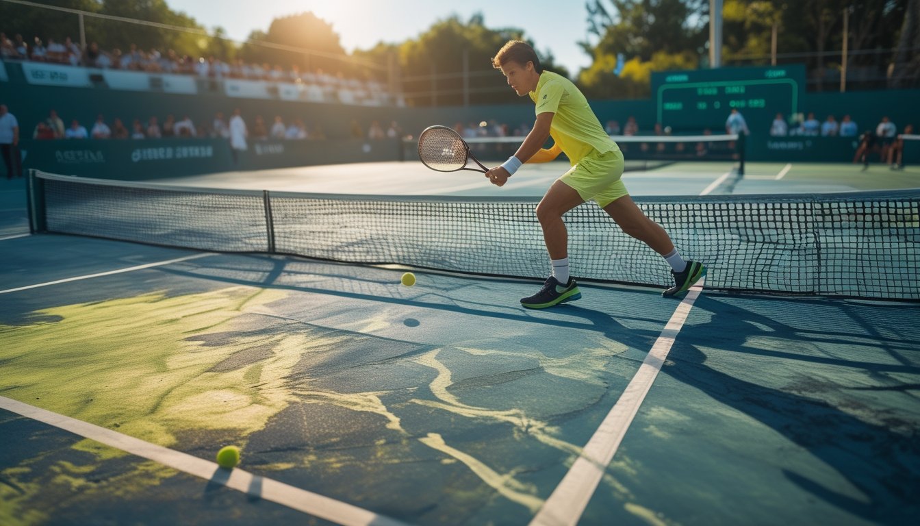 Seorang pemain tenis pria sedang menikmati raket di lapangan tenis dengan kondisi permukaan yang berbeda-beda, di latar belakang terlihat papan skor dan beberapa penonton.