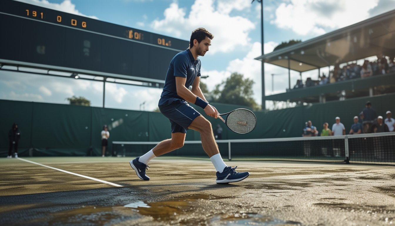 Seorang pemain tenis pria sedang memukul bola di lapangan luar ruangan dengan kondisi lapangan yang basah dan penonton di latar belakang.
