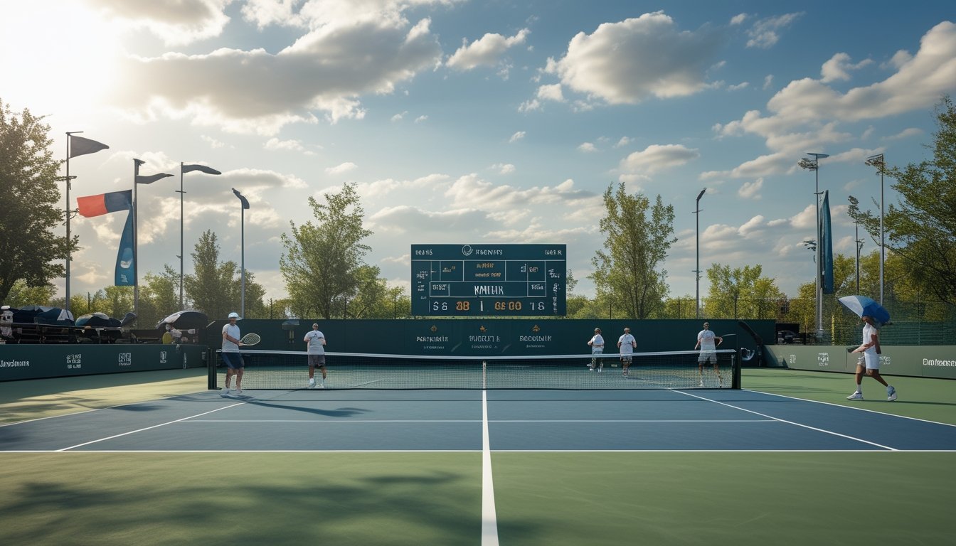 Lapangan tenis luar ruangan dengan pemain sedang bertanding di bawah langit sebagian berawan dan angin ringan, dengan penonton dan papan skor di latar belakang.