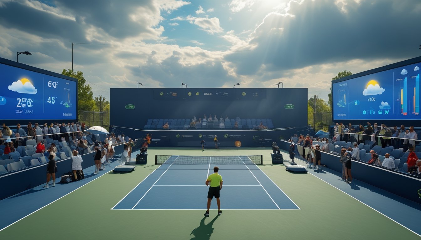 Pertandingan tenis luar ruangan dengan pemain yang sedang bermain di lapangan, langit berawan sebagian, dan penonton di sekelilingnya.