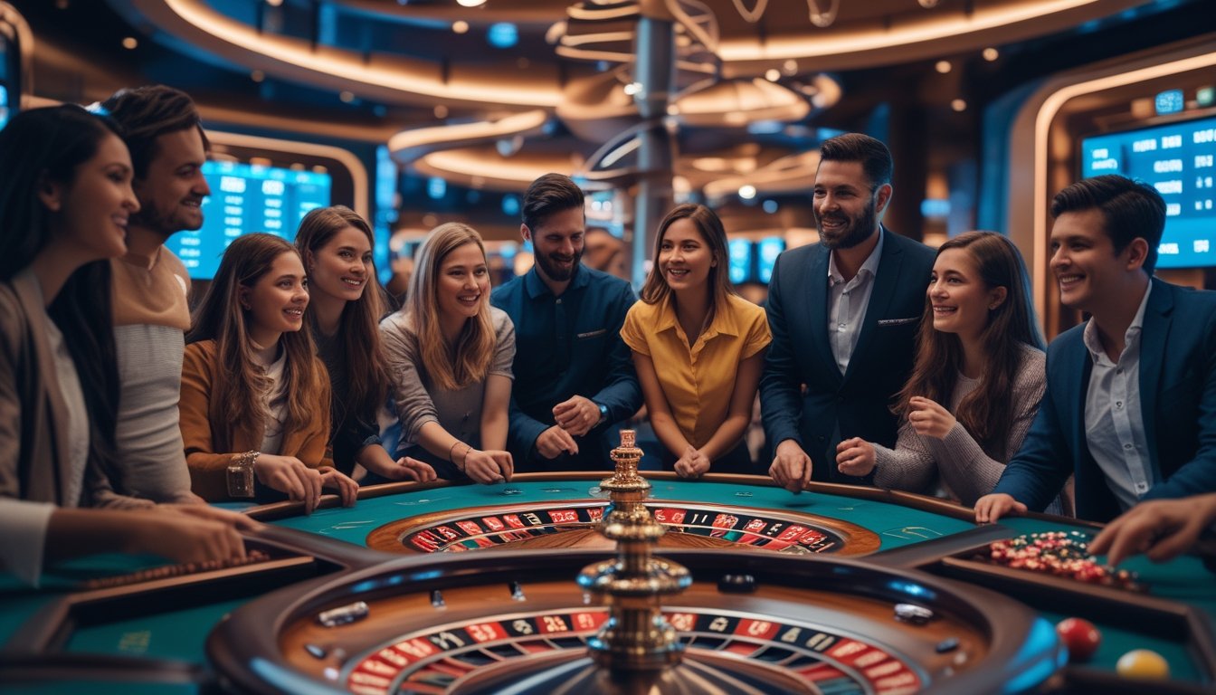 Sekelompok pemula sedang memperhatikan meja roulette double ball di kasino modern dengan dua bola roulette yang berputar.