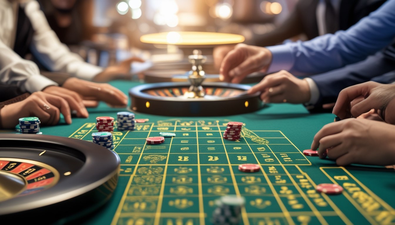 Meja kasino dengan roda roulette ganda dan dua bola putih, pemain sedang memasang chip taruhan.