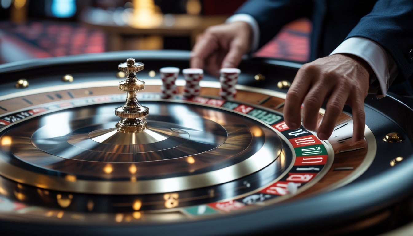 Meja roulette dengan dua bola putih berputar dan tangan seseorang sedang memasang chip taruhan.