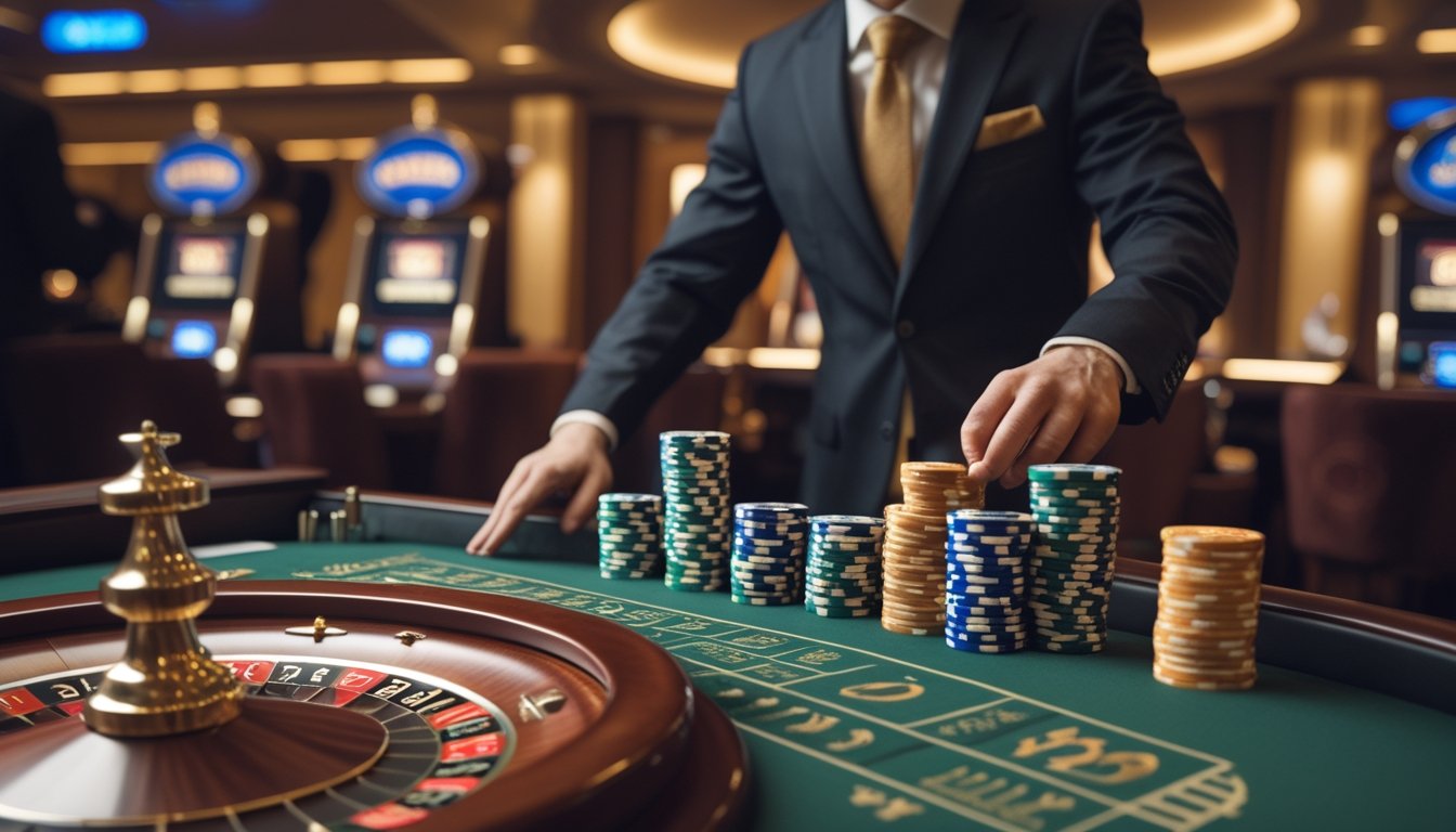 Seorang pemain di meja roulette dengan dua bola putih, menaruh taruhan di kasino yang terang dan ramai.