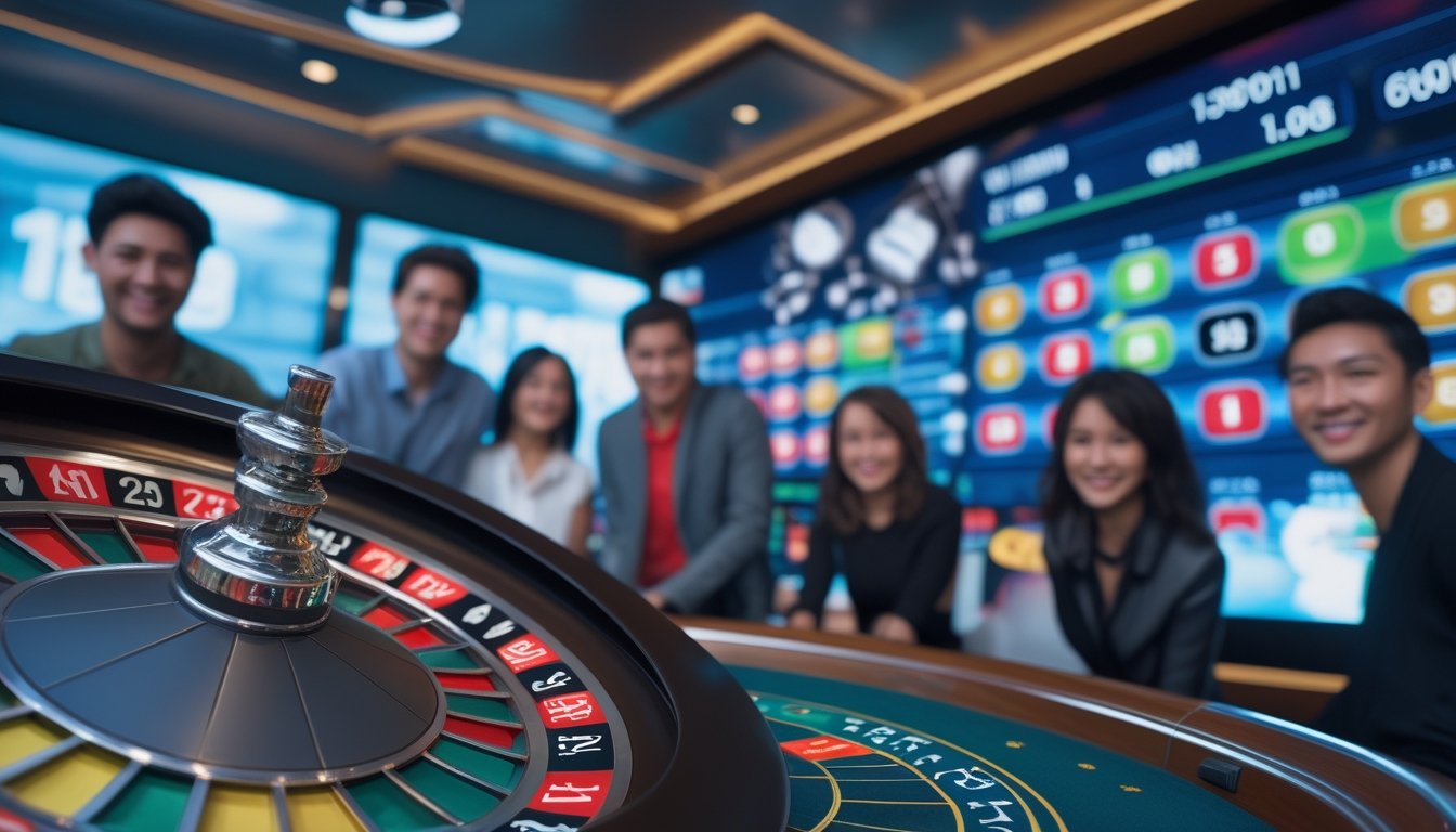 Adegan permainan roulette online dengan roda roulette digital dan dua bola yang sedang berputar, dikelilingi oleh pemain yang antusias di lingkungan permainan modern.
