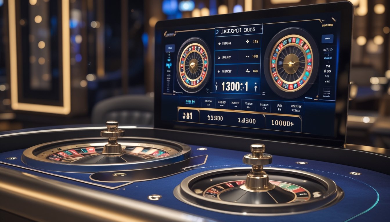Meja roulette dengan dua bola yang berputar di roda roulette dalam suasana kasino modern dengan layar digital menampilkan opsi taruhan dan jackpot.