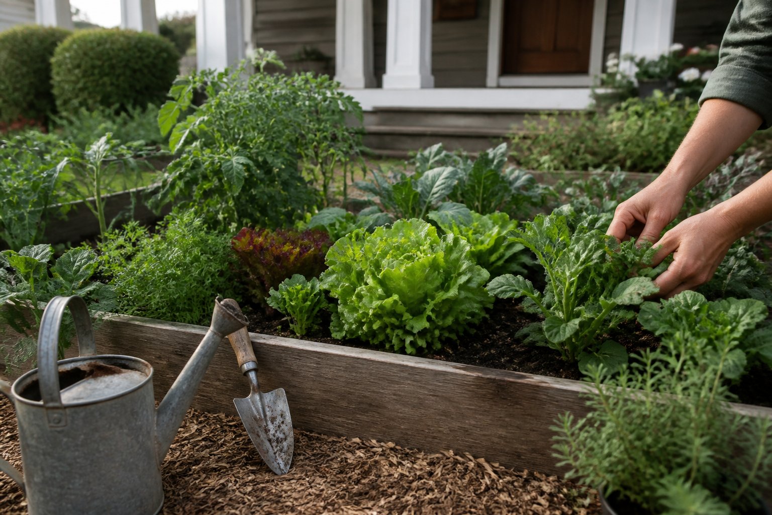 A front yard vegetable garden with various plants, a pair of hands tending to them, and gardening tools nearby.