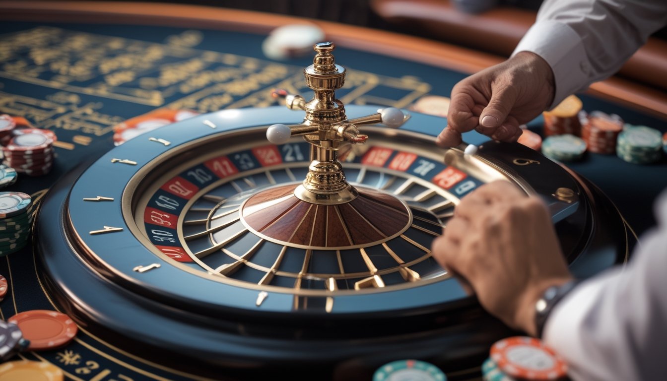 Pemandangan dekat roda roulette dengan dua bola putih yang berputar, tumpukan chip kasino, dan tangan yang sedang memasang taruhan di meja taruhan.