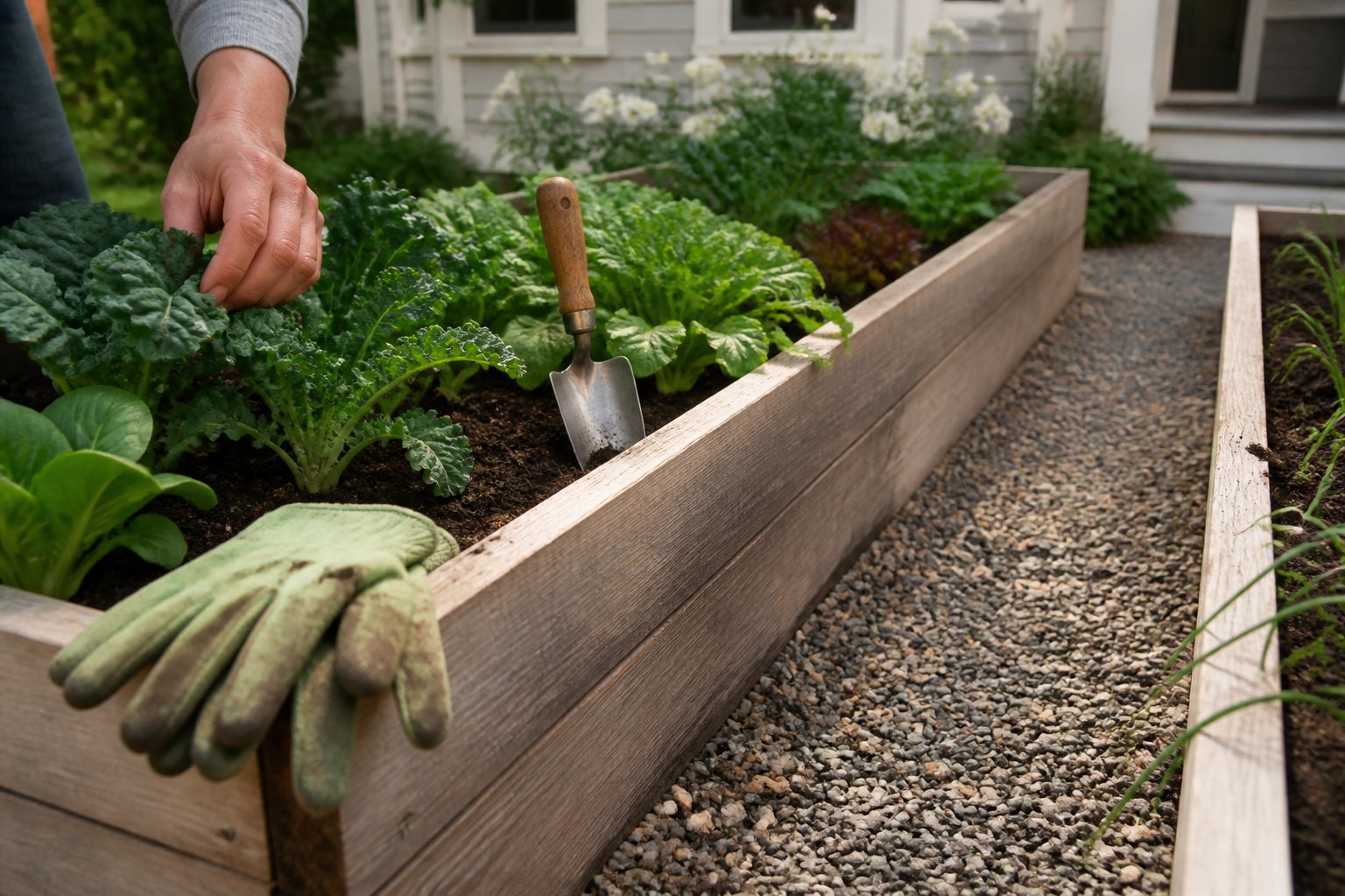 Raised cedar vegetable beds with gravel pathways in a front yard garden, showing hands touching plants and gardening tools nearby.
