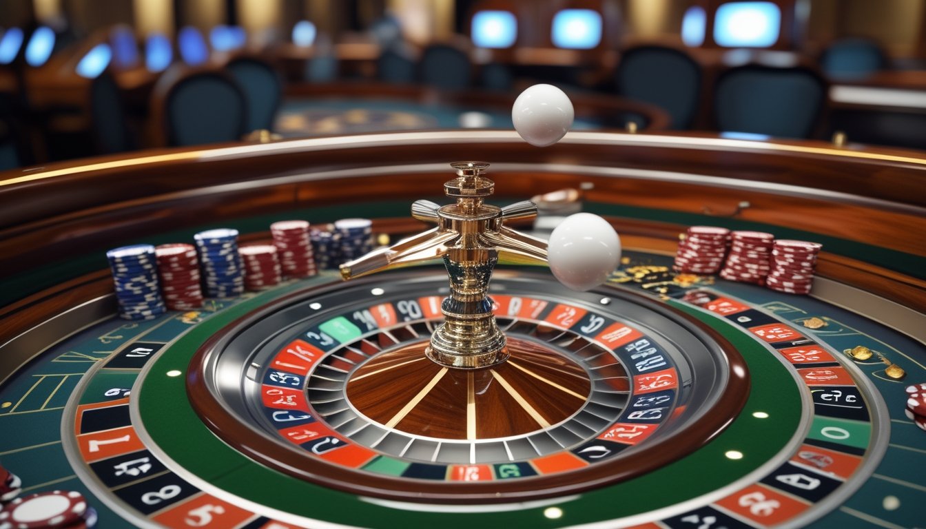 Meja roulette dengan dua bola putih yang berputar di roda roulette di kasino.