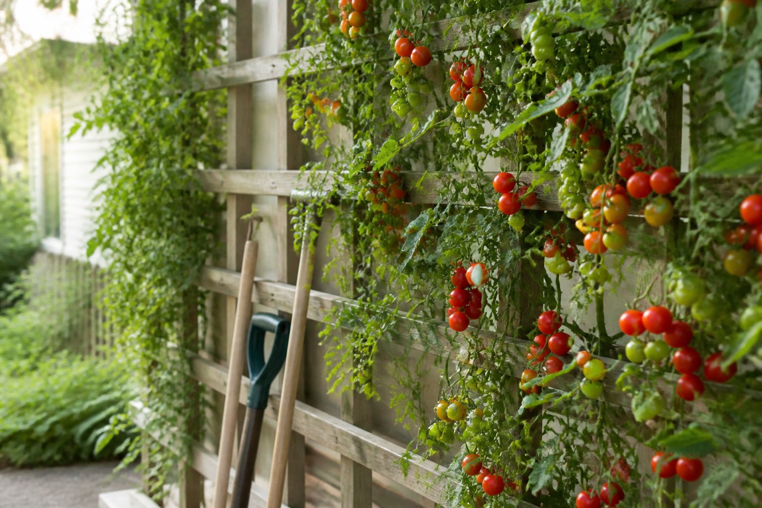 A vertical wooden trellis wall covered with overflowing cherry tomato vines bearing ripe tomatoes, with garden tools leaning nearby in a front yard garden.