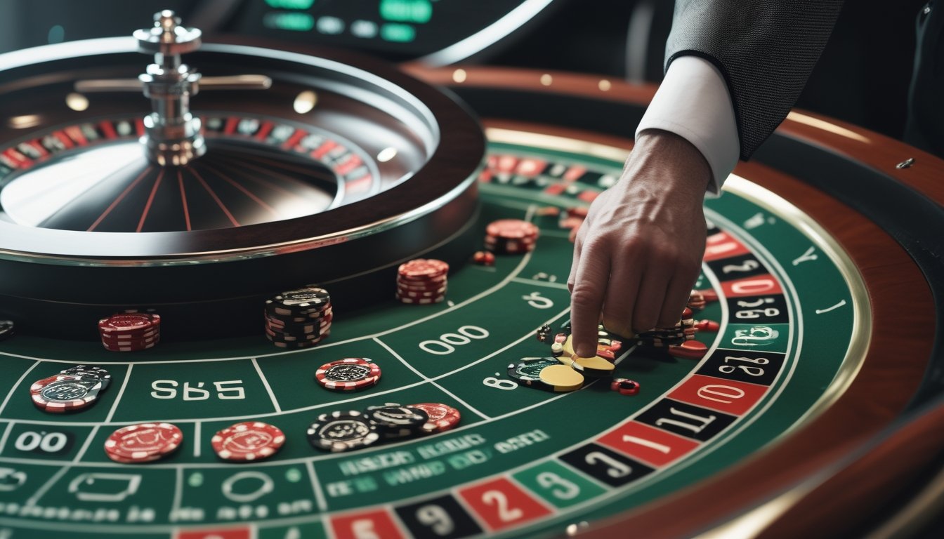Meja roulette dengan roda berputar dan chip yang ditempatkan pada area taruhan dalam dan luar di kasino modern.