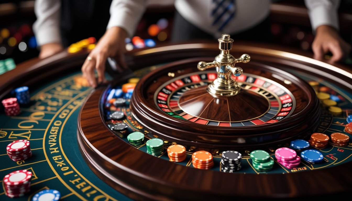 Meja roulette dengan dua bola putih berputar, chip taruhan diletakkan di area taruhan dalam dan luar, dengan dealer berjubah resmi di latar belakang.