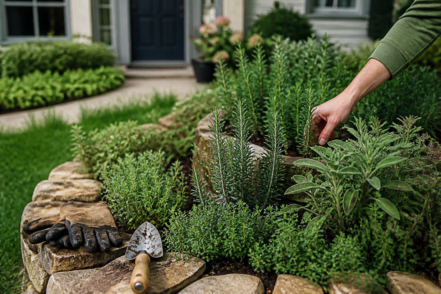 A mixed herb spiral garden with rosemary, thyme, and sage near a front door, showing gardening gloves, a hand trowel, and a gardener's hand tending the plants.