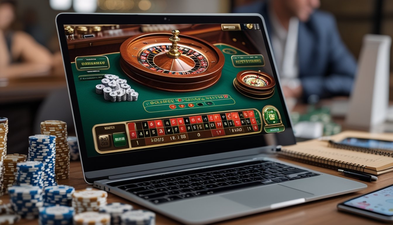 Sebuah meja dengan komputer menampilkan permainan double ball roulette, dikelilingi chip poker, notepad, dan ponsel, menggambarkan suasana bermain kasino online.