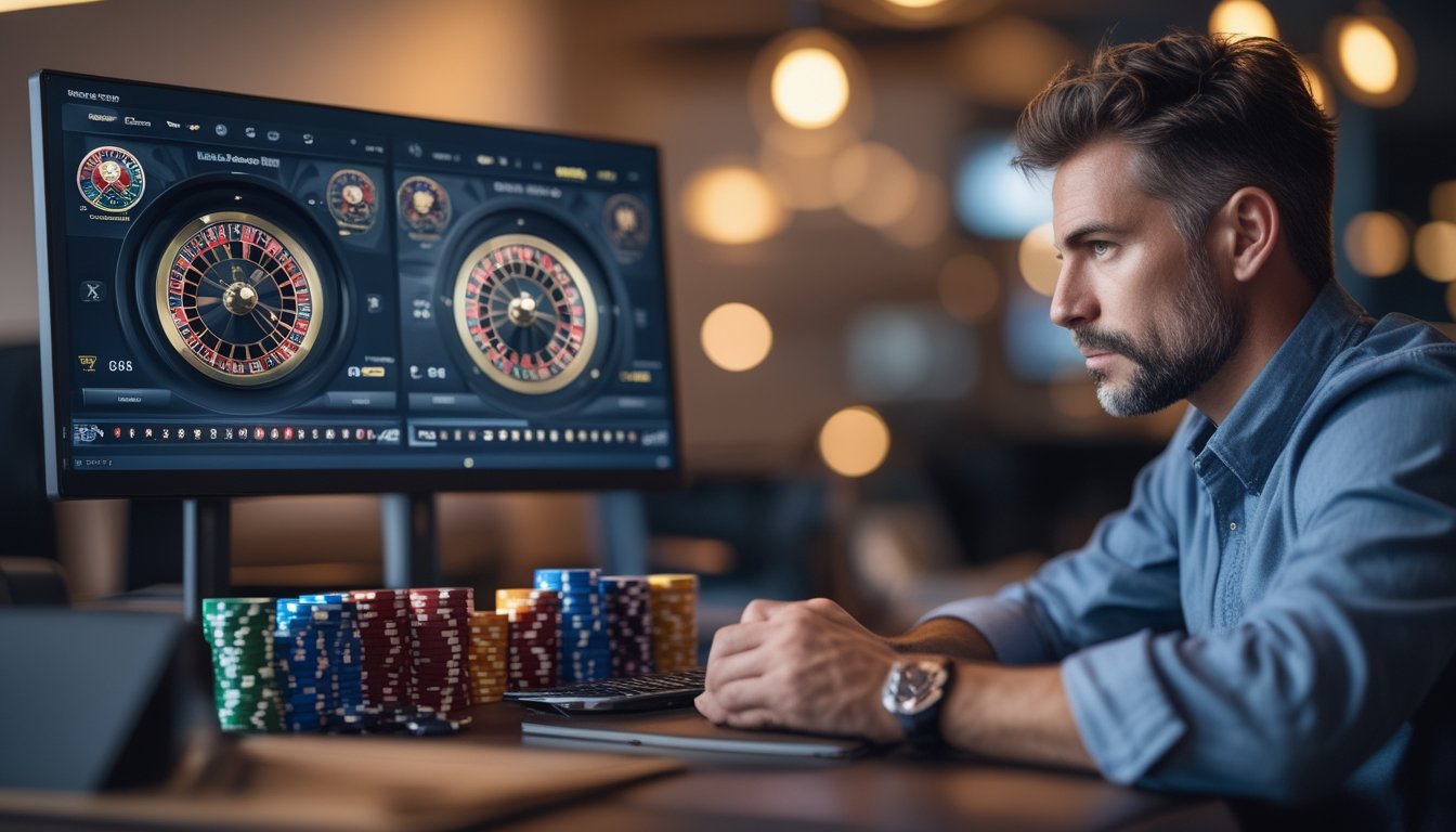 Seorang pria dewasa sedang mengelola uang taruhan saat bermain roulette bola ganda di kasino online dengan layar komputer dan tumpukan chip kasino di meja.